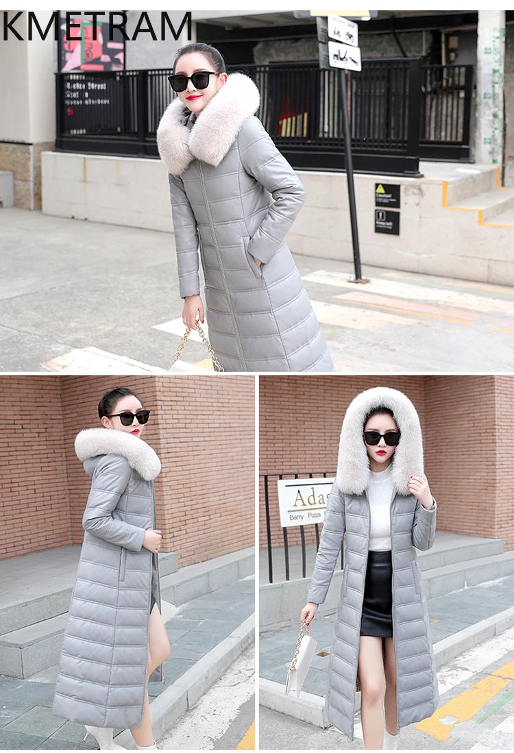 KMETRAM Winter Long Length Coats for Women Clothing Sheepskin Down Jackets White Duck Down Fox Fur Collar Casaco Feminino