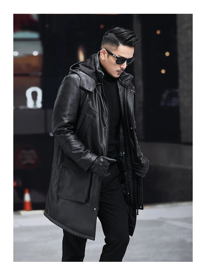 Men's Leather Down Coat, Mid Length, Hooded, Thick Warm Jacket, Large Size Outerwear, Business Male Coat, Winter