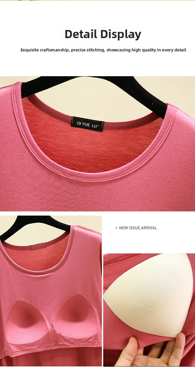 Loose Modal T-irt Women's Spring Summer round Ne ort Sve Built-In Bra Large Size Base irt Casual Sle Summer Top