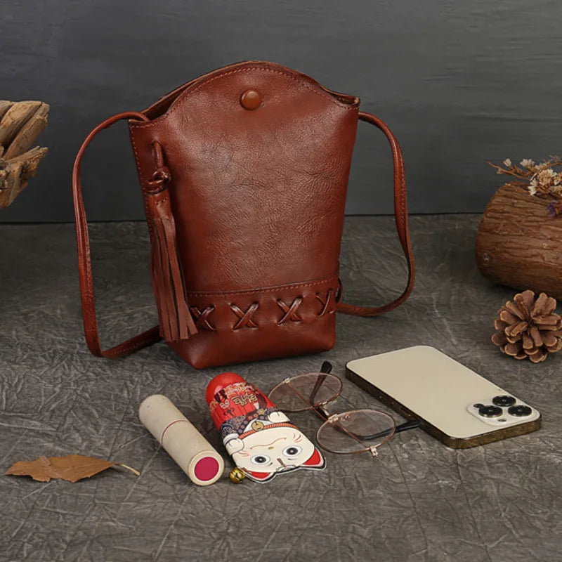 MOTAORA New Small Cowhide Women Shoulder Bag Casual Tassel Bucket Handbag Mini Genuine Leather Mobile Phone Crossbody Bag Purse