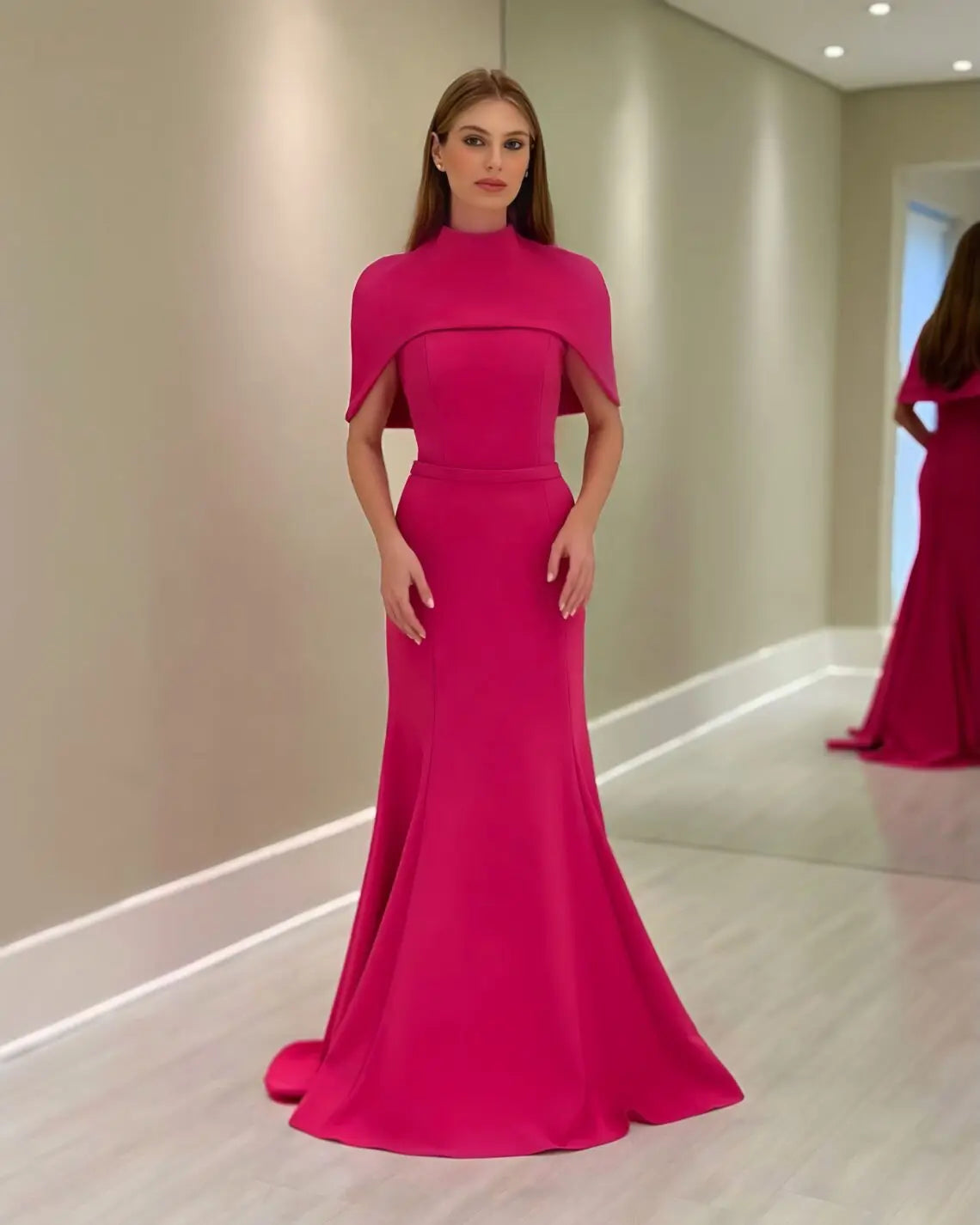 فساتين ميلا فوشيا للحفلات بطول الأرض، مصممة حسب الطلب، فساتين حفلات أنيقة بتصميم حورية البحر، فساتين سهرة بشال قابل للفصل