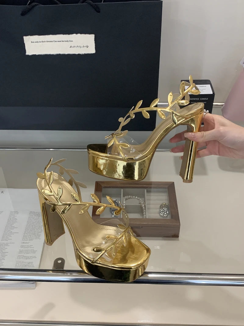 Women’s 13cm Gold Platform Heeled Sandals – Silver Leaves PVC Transparent Party Dress Shoes