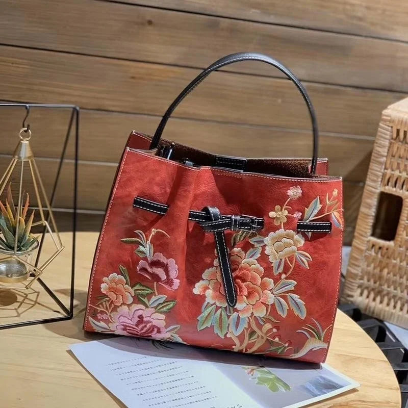 MOTAORA Vintage Chinese Embroidery Leather Shoulder Bag Women Large Capacity Crossbody Bucket Bag Ladies Fashion Handbag NEW