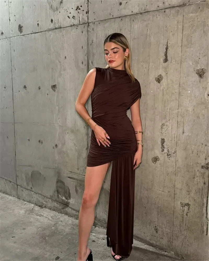 Women's Sleeveless Irregular Draped Ruched Bodycon Party Dress – Elegant Slim Fit, Floor-Length