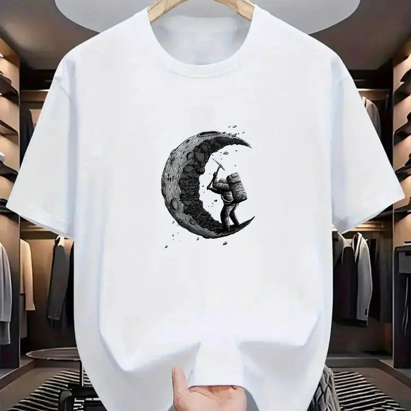 Men's summer 100% cotton π moon shaped planet astronaut π§βπ digging printed casual loose solid color multi-color optional sports round neck short sleeved T-shirt top