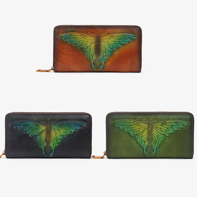 MOTAORA Ladies Retro Butterfly Embossed Wallet Women's Genuine Leather Zipper Pouch Female Cowhide Card Holder Girls Long Purse