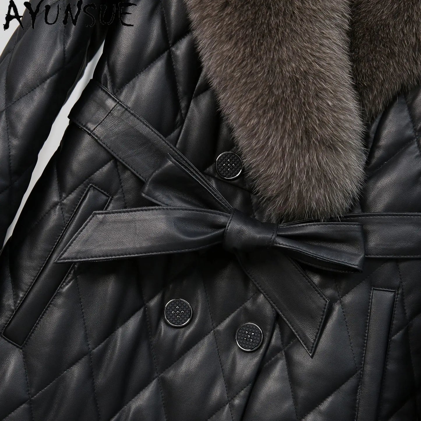 AYUNSUE Fox Fur Collar Genuine Leather Down Jacket Women Winter Clothes 2025 Mid-length Sheepskin Coat for Woman Jaqueta Couro