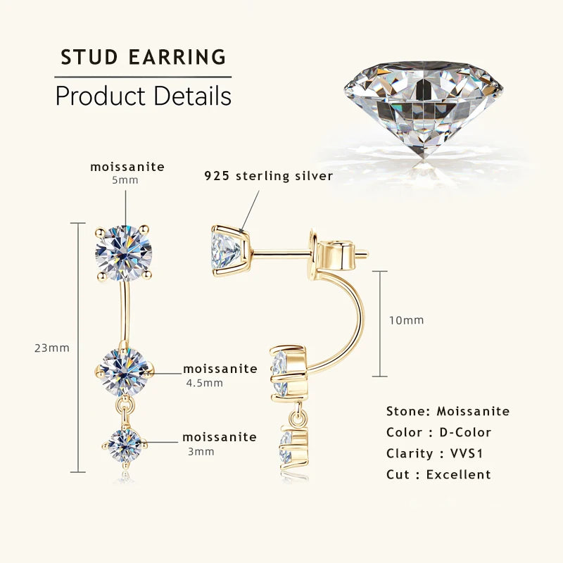 Lnngy Front Back Double Sided Moissanite Stud Earring Pendientes Plata 925 Sterling Silver Earrings For Women 2 in 1 Ear Jewelry