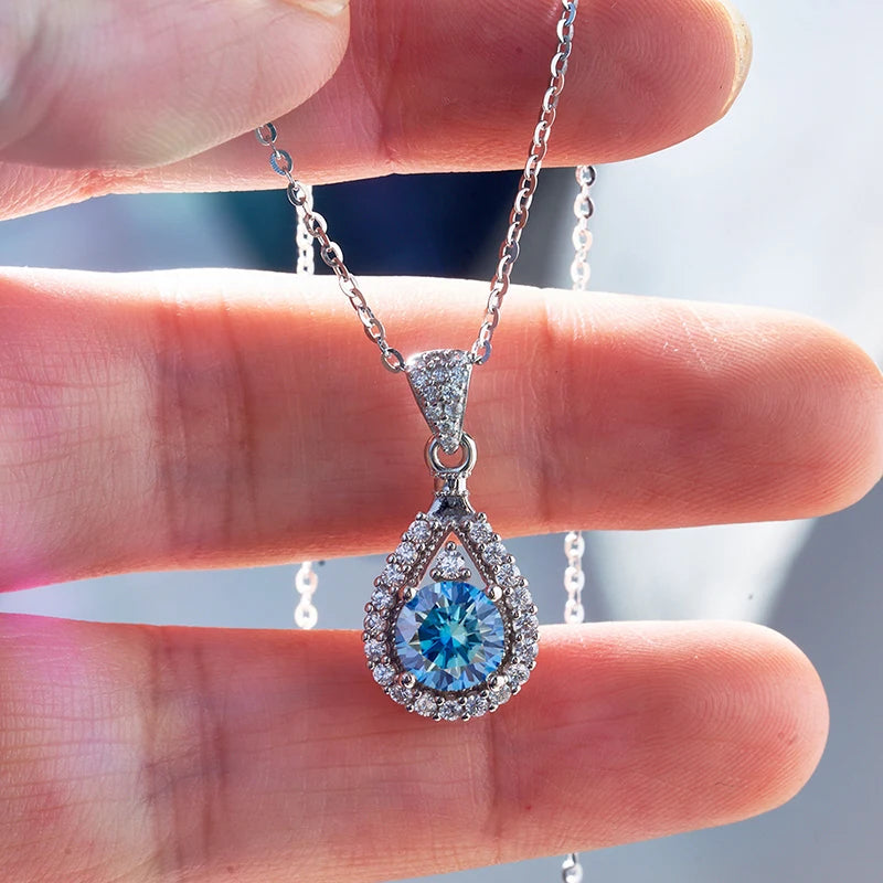 JoyceJelly 1CT Colorful Moissanite Necklace Sterling Silver 925 Jewelry Female Water Drop Shaped Pendant Top Quality Dating Gift