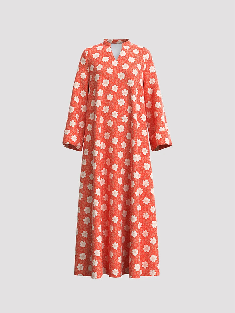 Rafiah Women's Arabian Dress Even Dress 2025 Summer Traditional Elegant Full Print Long Sleeve V-Neck Loose Fit Long Dress