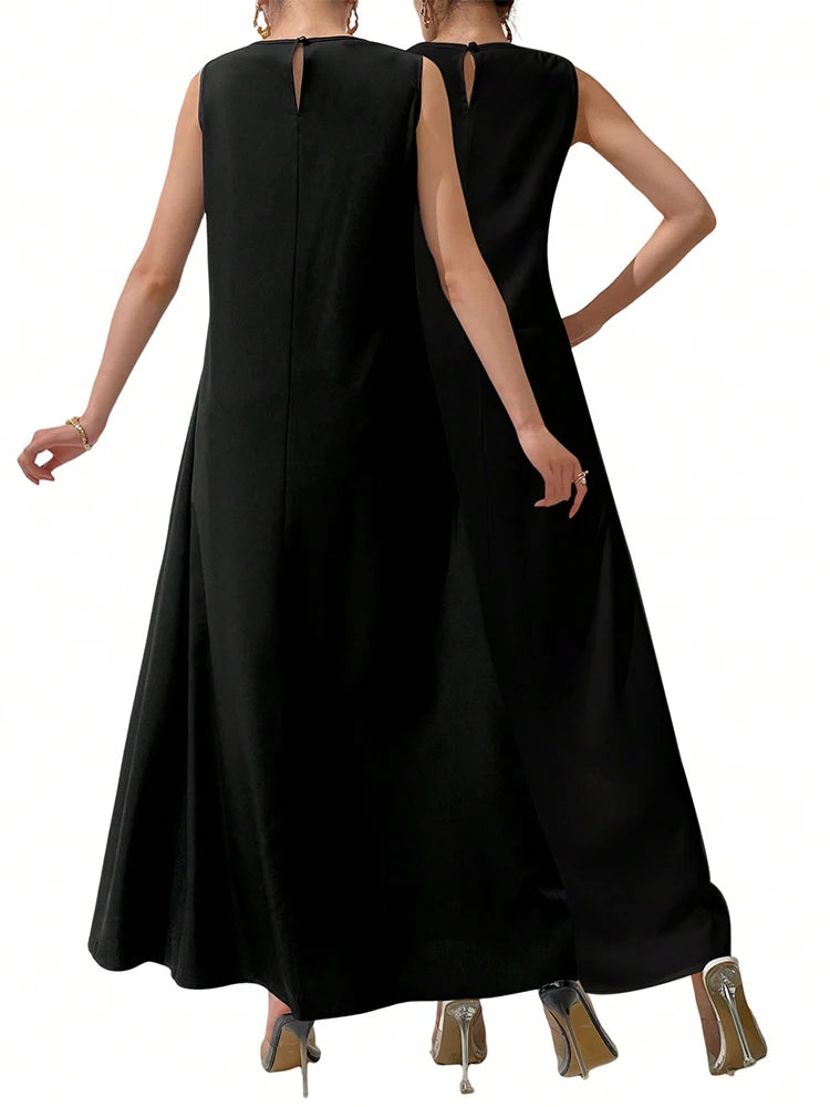 Rafiah Ramadan Women's Solid Color Dress with Round Neck Sleeveless Loose Fit in Casual Arabic Style 2025 Arabian Long Dress