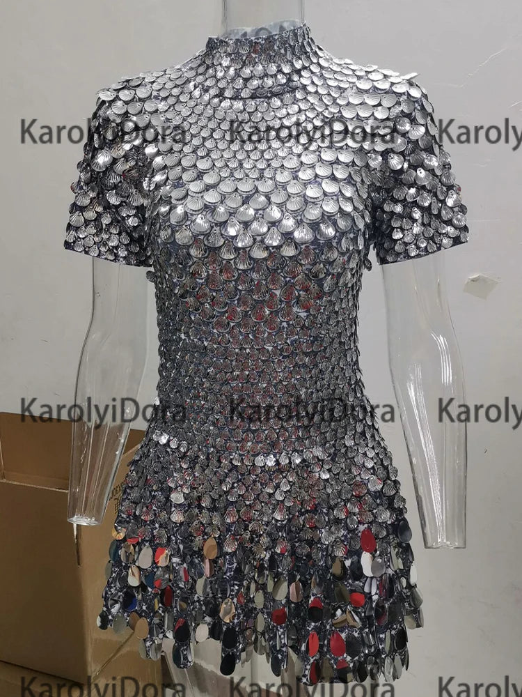 Sexy Black Shell Sequins Mini Dress Nightclub Dance High Quality Performance Clothing Bodysuit Birthday Red Dresses
