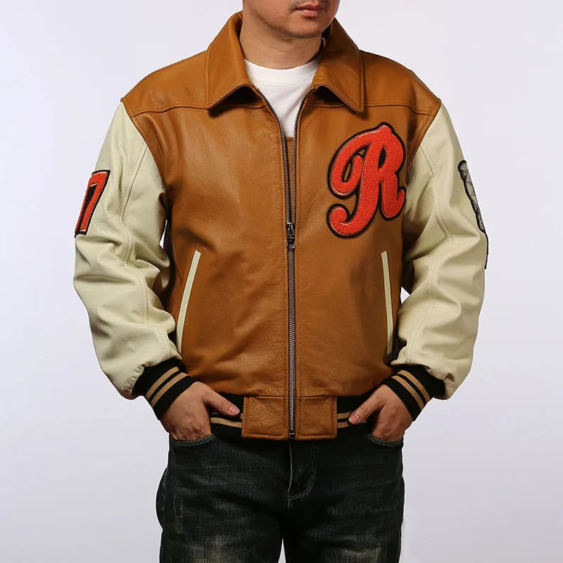 Men large size leather jacket flight suit jacket printed big chief embroidery casual sports yellow cowhide leather jackets tops