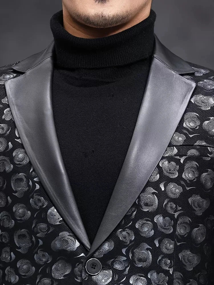 New Designer Business Men Work Floral Printed Blazer Suit Coat Autumn Slim Fit Single Breasted Sheepskin Genuine Leather Jacket