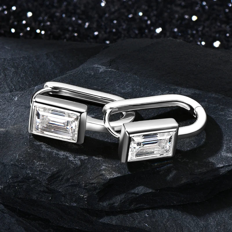 Lnngy 925 Sterling Silver U-shaped Hoop Earrings Emerald Cut 5*7mm Moissanite Earring For Women Girls Korean INS Jewelry Gift