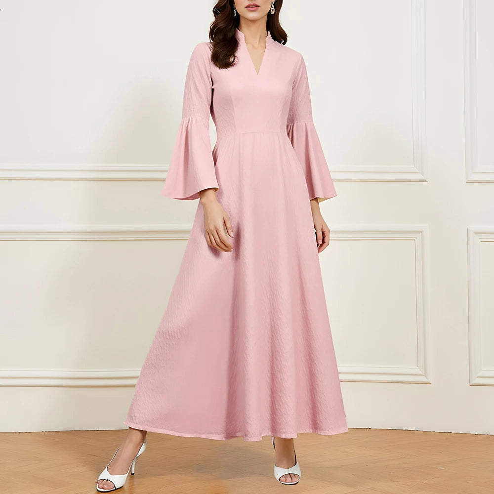 Rafiah Summer Long Dresses 2025 Decent Elegant Solid Color Long Sleeve V-Neck Midi A-Line Evening Dresses For Women