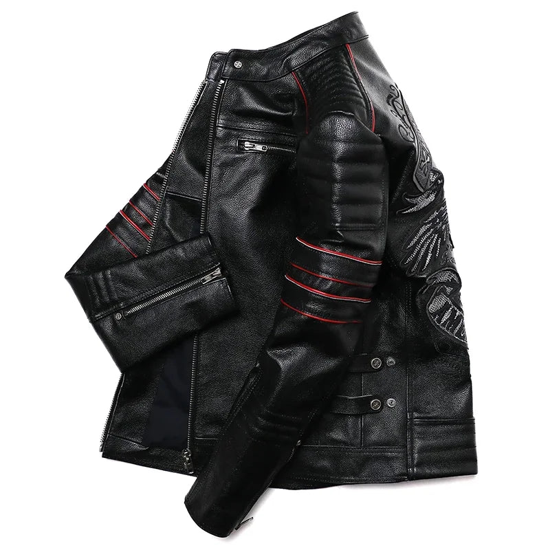 2025 New Embroidery Skull Fashion Genuine Leather Jacket Men's Natural Cowhide Motorcycle Jacket Slim Moto Coat Size S-6XL