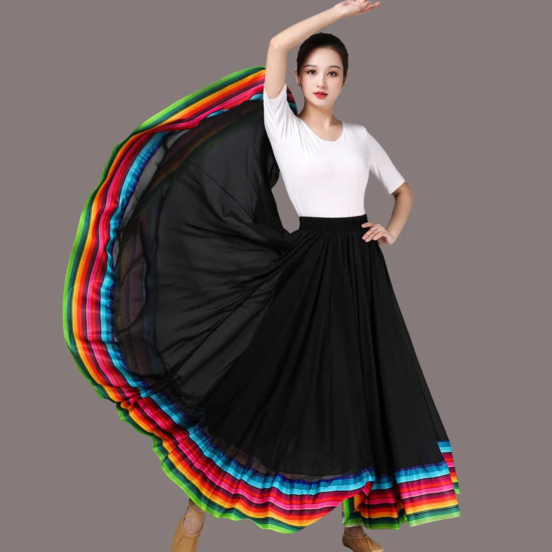 Streetwear Elegant Dance Performance Skirt Women Chiffon Skirts Rainbow-edge Elastic-Waist 720-Degrees Square Danc Maxi Skirts