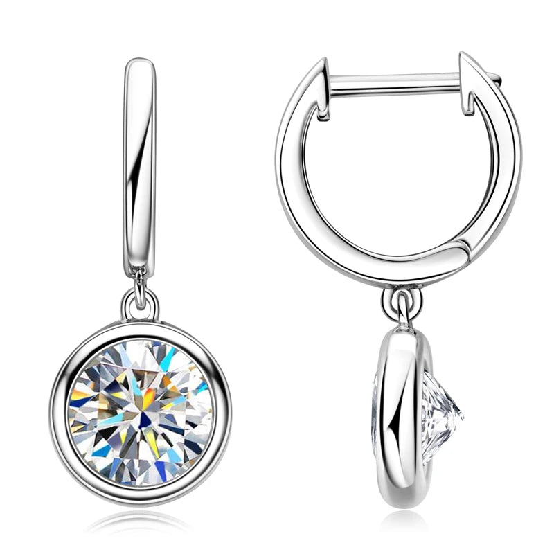 Lnngy 925 Sterling Silver Dangle Earring 1CT 2CT Round Bezel Setting Moissanite Drop Earrings For Women Girl Birthday Party Gift