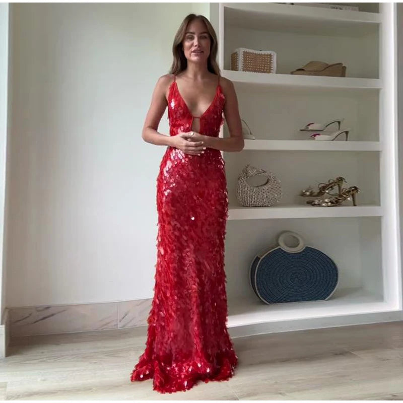 Glitter Sequins Spaghetti Strap Evening Gown – Women’s Sleeveless Backless Floor-Length Party Dress