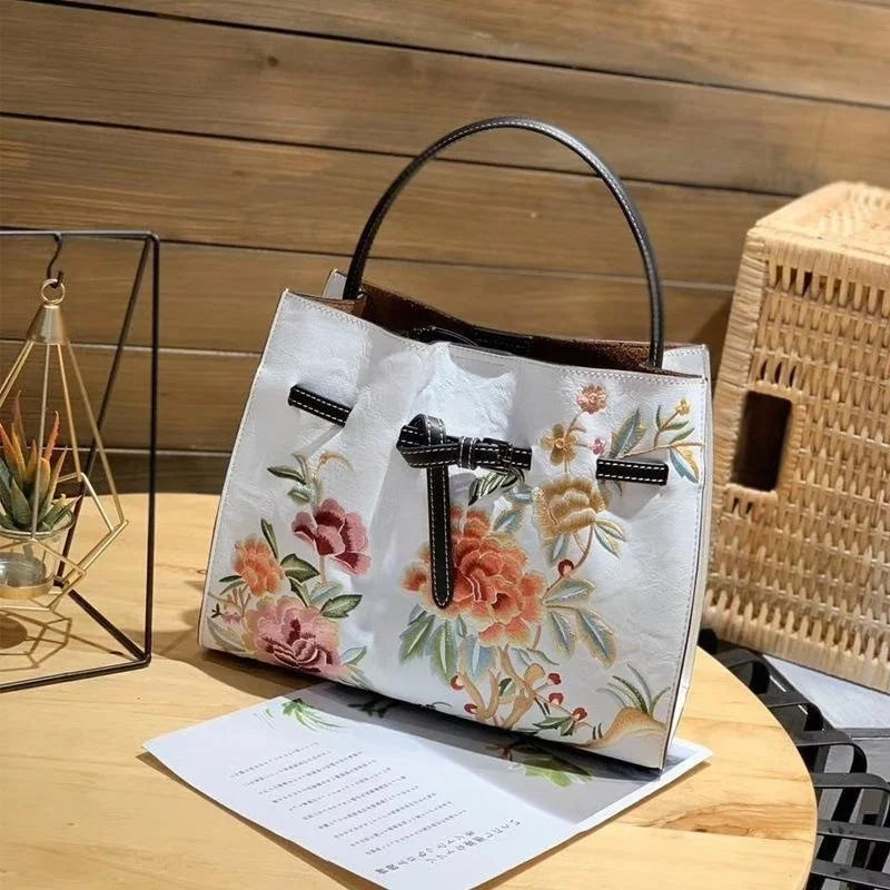 MOTAORA Vintage Chinese Embroidery Leather Shoulder Bag Women Large Capacity Crossbody Bucket Bag Ladies Fashion Handbag NEW