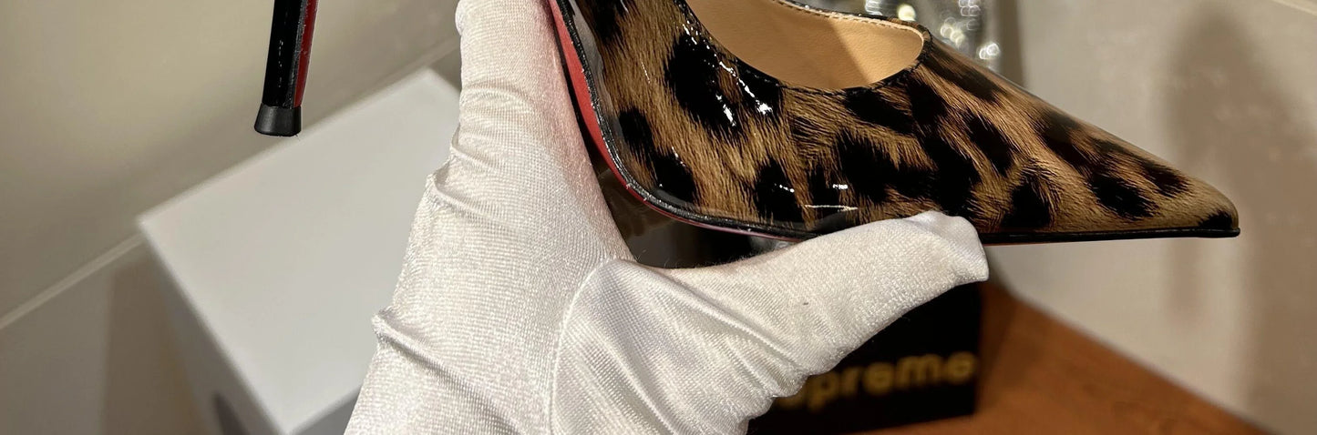 New Gradient Red Bottom Large Heels Sexy Leopard Pattern Pointed Professional Women's Shoes Black Graduation Single Shoes