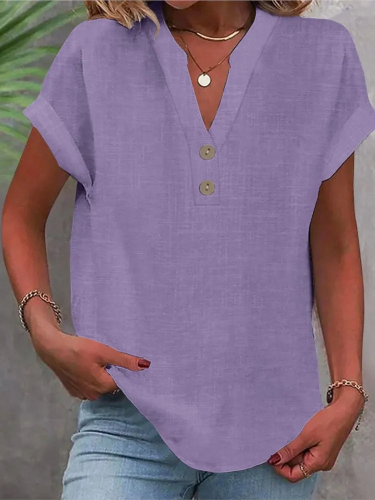 Cotton Linen Short Sleeved Breathable Shirt Summer Solid Color Fashion Stand Up Collar Button Down Women's Casual Office Shirt