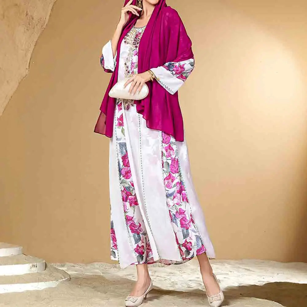 Rafiah Autumn Arabian Dress 2025 Women's Traditional Glamorous Diamonds Floral Full Print Long Sleeve Square Neck Long Dress