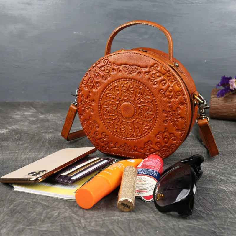 MOTAORA Retro Circular Women Luxury Handbag Genuine Leather Shoulder Messenger Crossbody Bags For Woman Totem Small Bag New
