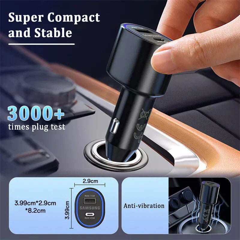 60W Samsung Dual Car Charger with Fast Charging 45W Usb C PD Auto Chargeur for S25 Ultra S25+ S24 Ultra S23 FE S22 A55 A15 A54