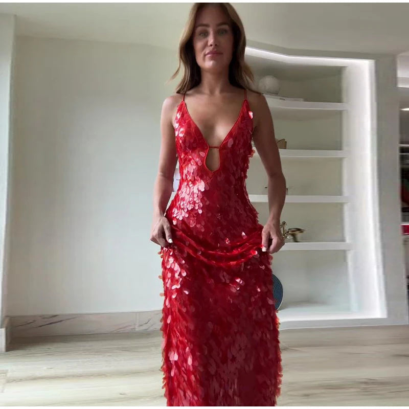 Glitter Sequins Spaghetti Strap Evening Gown – Women’s Sleeveless Backless Floor-Length Party Dress