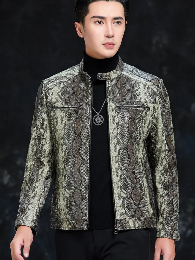 Men’s Python Pattern Sheepskin Leather Jacket – Slim Fit Stand Collar Moto Biker Coat