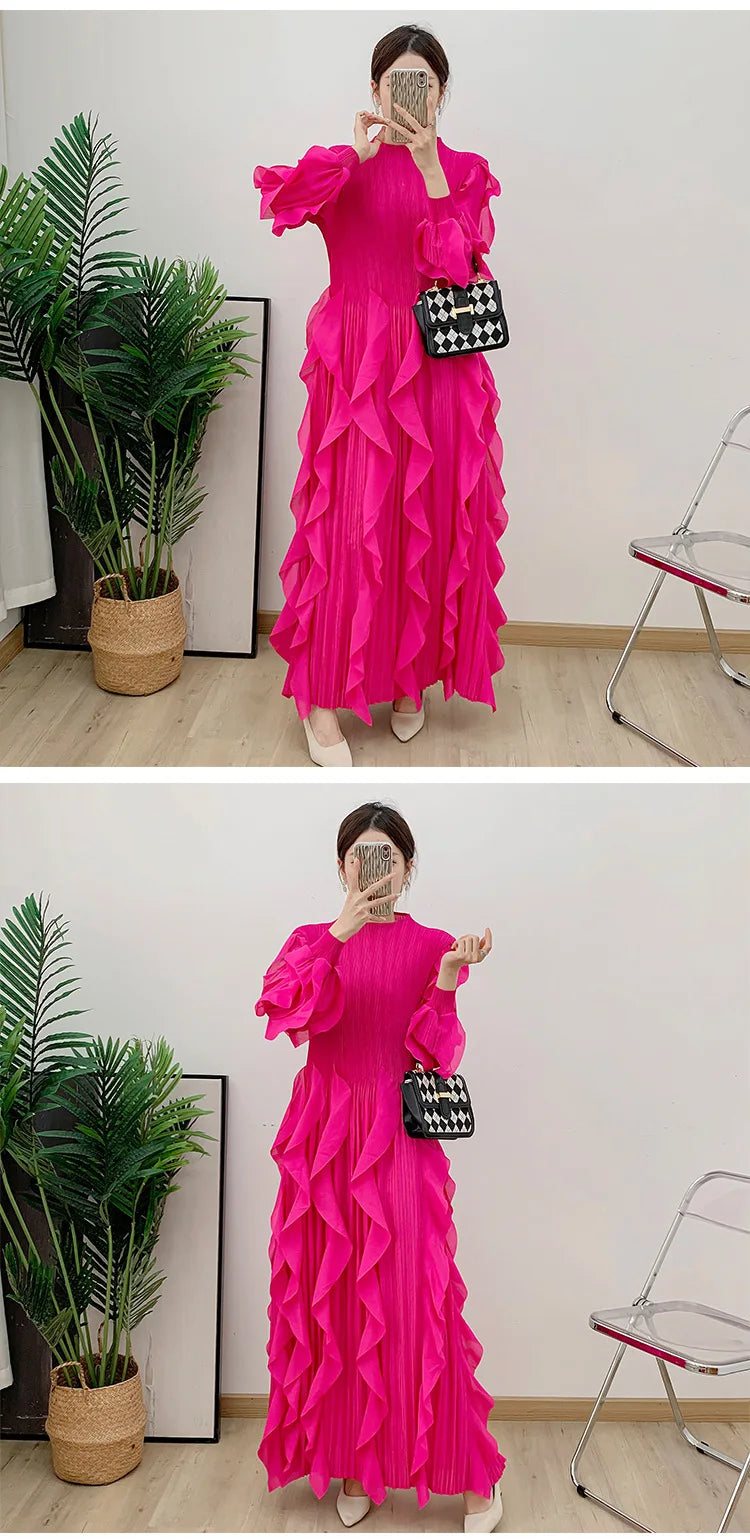 Fashion Ruffles Pleated Dress Women Round Neck Flare Sleeves Solid Maxi Belt Dresses Party 2025 Autumn New