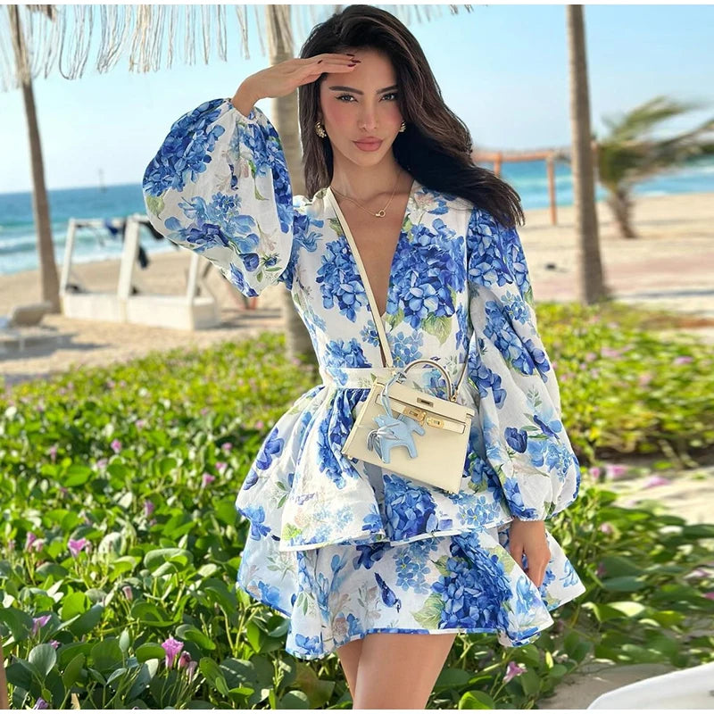 Floral Ruffled Hem Mini Dress – Women’s Deep V-Neck Lantern Sleeve Elegant Party Outfit