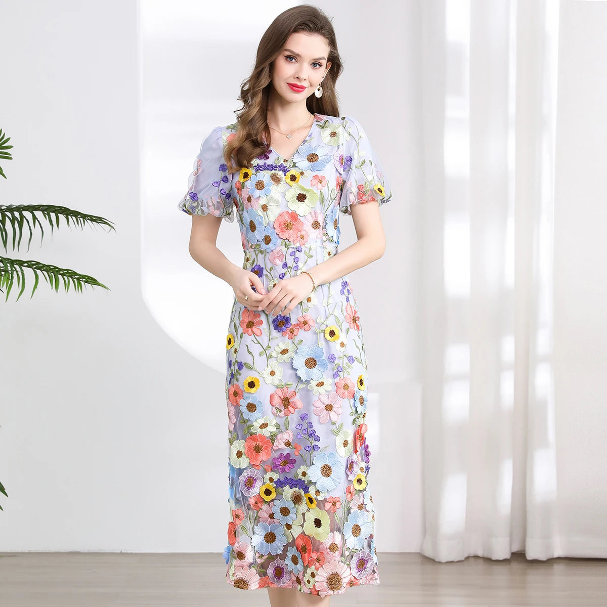 Summer High-end Embroidery Lace Prom Dress Women French Luxury 3D Flower Short Sleeve Long Dress Party Bodycon Holiday Vestido