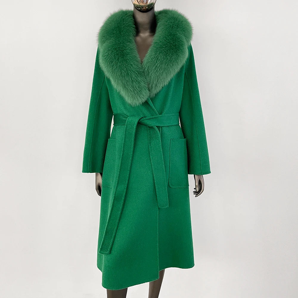 GENHUA 2025 New Casual Fur Coat for Ladies Winter Wool Long Fur Ladies Natural Real Fox Fur Collar Jacket for Ladies Warm Coat