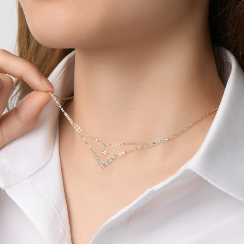 Lnngy Sparkling 3mm&1.8mm Round Moissanite Necklace 925 Sterling Silver Fashion V-Shape Necklaces for Women Fine Jewelry Gift