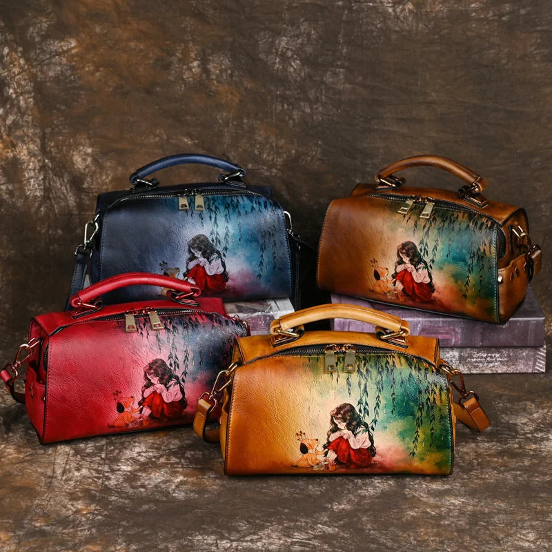 MOTAORA Vintage Women Luxury Leather Handbag For Female Bag Luxury Designer Hand Drawn Cartoon Pattern Ladies Shoulder Bags 2025