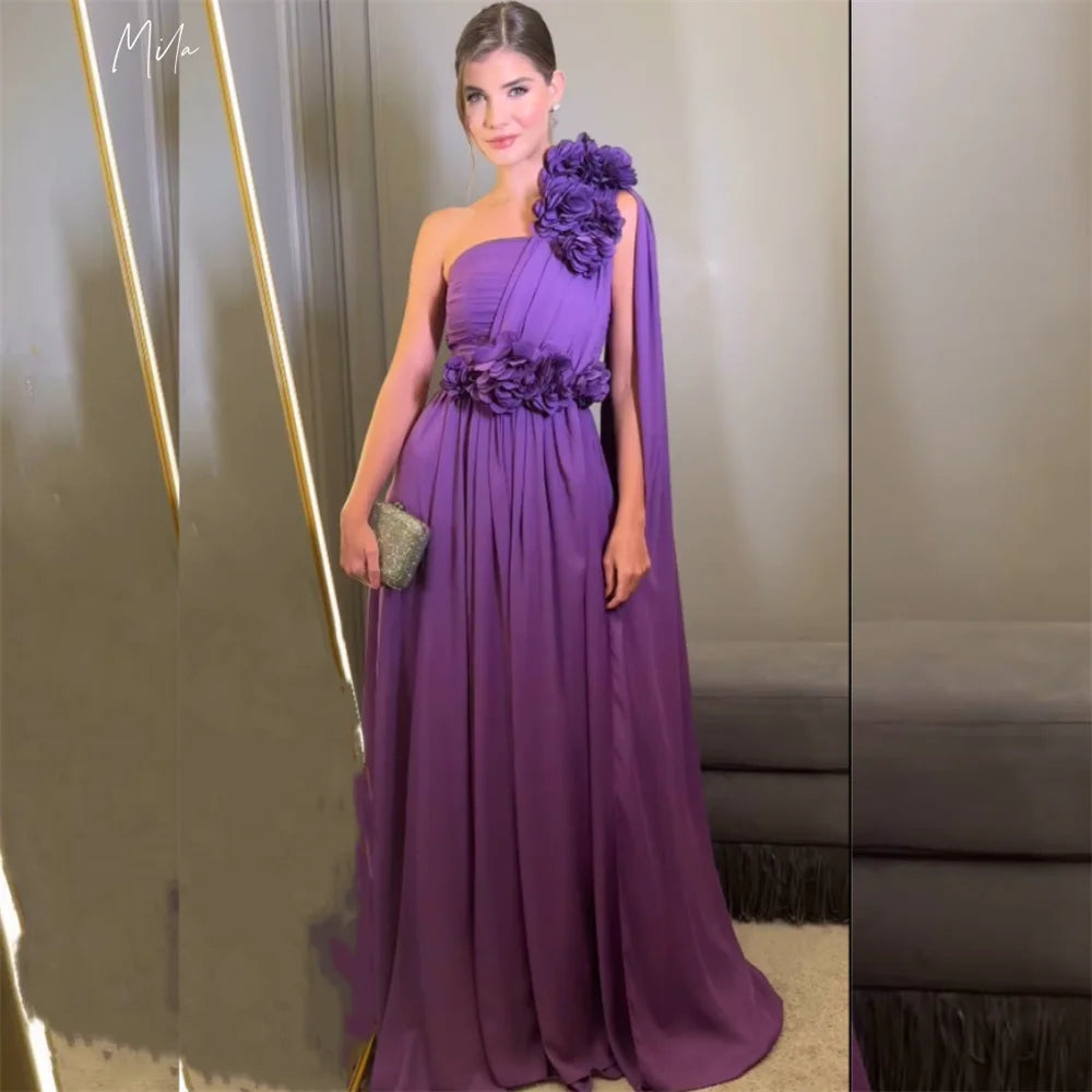 Mila Purple Flower One Shoulder Prom Dresses 3D Flower Waist Sleeveless Evening Dresses Floor-Length Customized Party Dresses