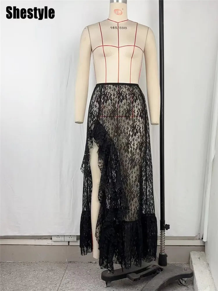 Shestyle Lace Transparent Long Skirts for Women Asymmetrical Floral Ruffles Summer 2025 Nre Stylish Outfits Holiday Slit Elegant
