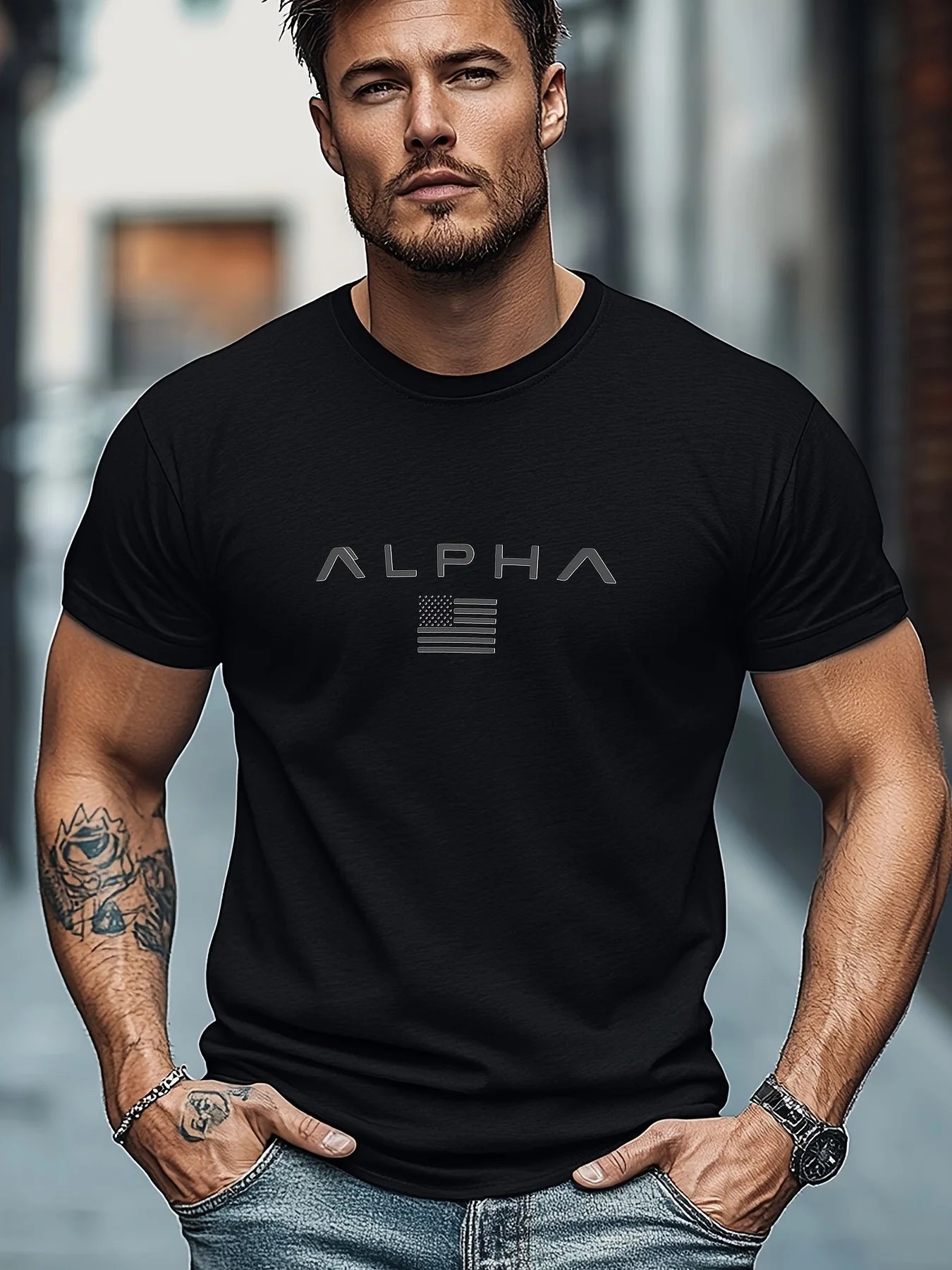 Men's summer 100 cotton ALPHA printed loose solid color multi-color optional sports round neck short sleeved T-shirt top