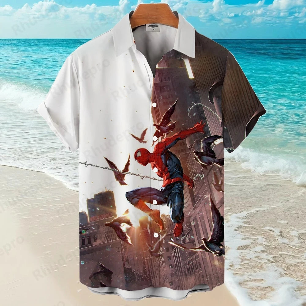 Disney Spider-Man Superhero Cartoon Hawaiian Shirt Print Men's Lapel Short Sleeve Single Shirt Casual Trendy Versatile