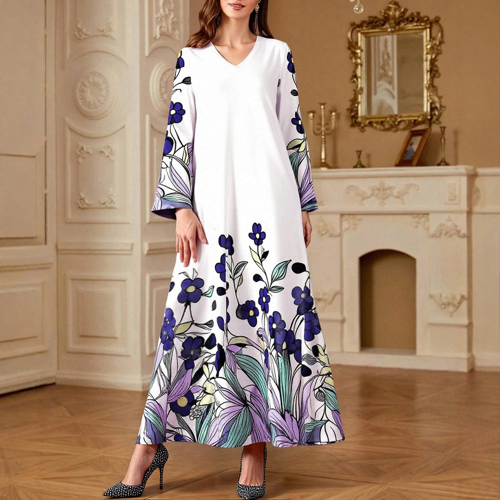 Rafiah Women's Dresses Summer Elegant Decent 2025 Full Print Long Sleeve V-Neck Midi A Line Casual Long Dresses