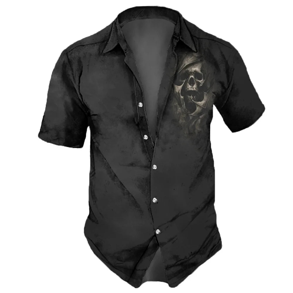 2023 Men's Shirts Lapel Streetwear Vintage Shirt For Men Skull Hip Hop Short Sleeve Top Party Summer Casual Hawaiian