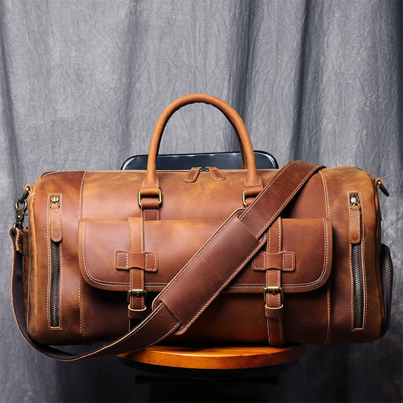 MUNUKI Vintage Crazy Horse Genuine Leather Travel bag Large Luggage bag men Leather duffle bag Large Weekend Bag Tote Big