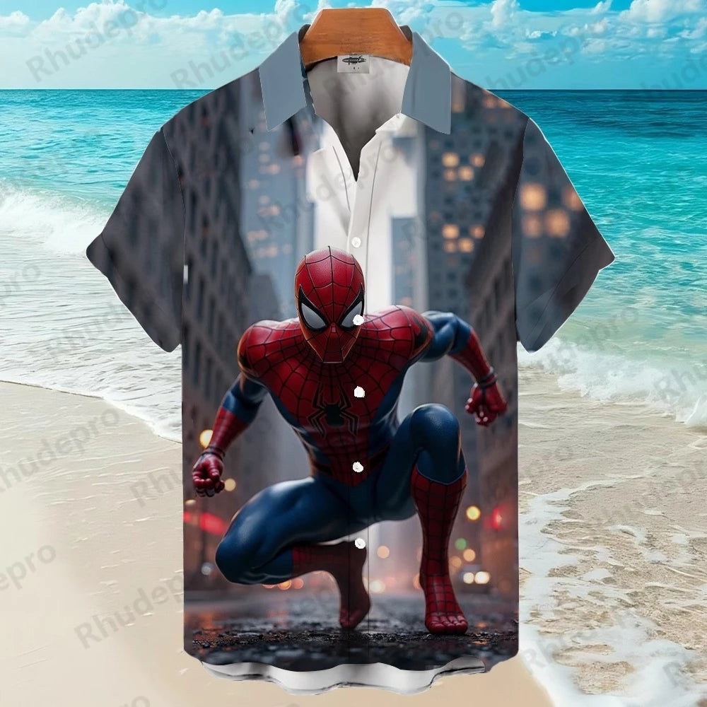 Disney Spider-Man Superhero Cartoon Hawaiian Shirt Print Men's Lapel Short Sleeve Single Shirt Casual Trendy Versatile