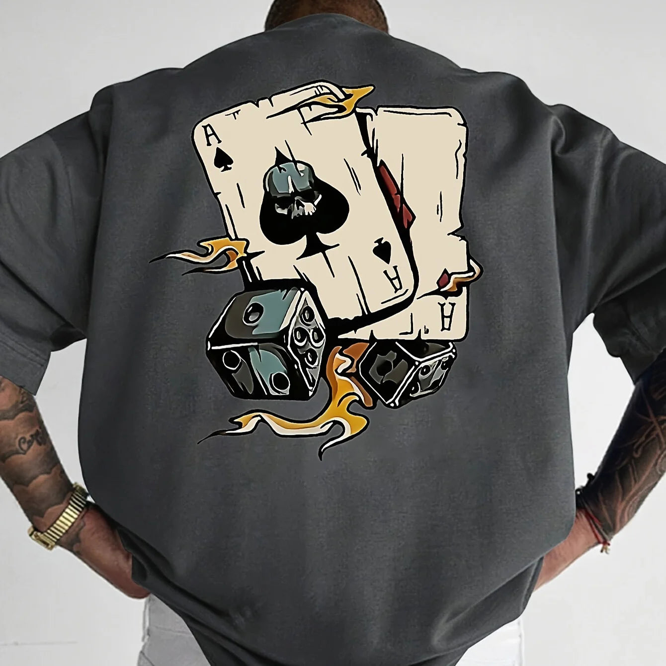 Men's summer 100% pure cotton fashionable casual loose spade a and dice printed round neck short sleeved T-shirt top