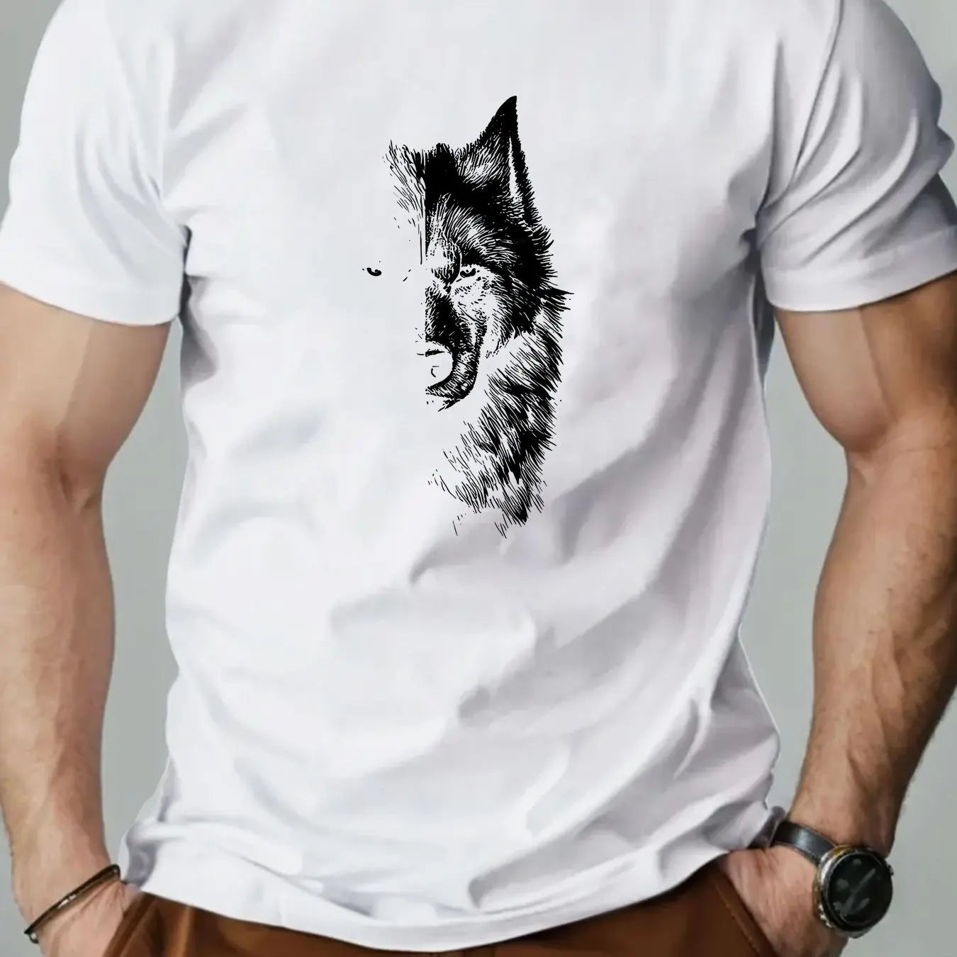 🐺 Men’s Summer 100% Cotton Casual T-Shirt,Half Wolf Pattern Print | Loose Fit | Round Neck | Breathable Comfort