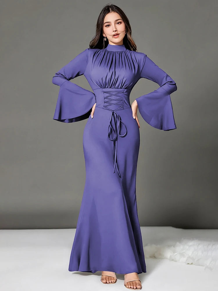 Rafiah Women's Summer Dress Mature Vibe Plain Lace-Up Flare Sleeve Mock Neck A-Line Party Long Dresses Evening Dresses 2025