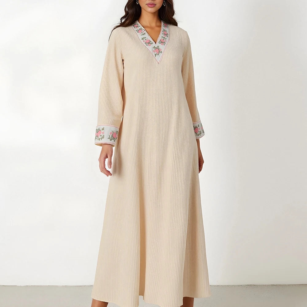 Rafiah Women's Summer 2025 Dress Solid Color V-Neck Striped Floral Embroidery Relaxed Silhouette Long Dress